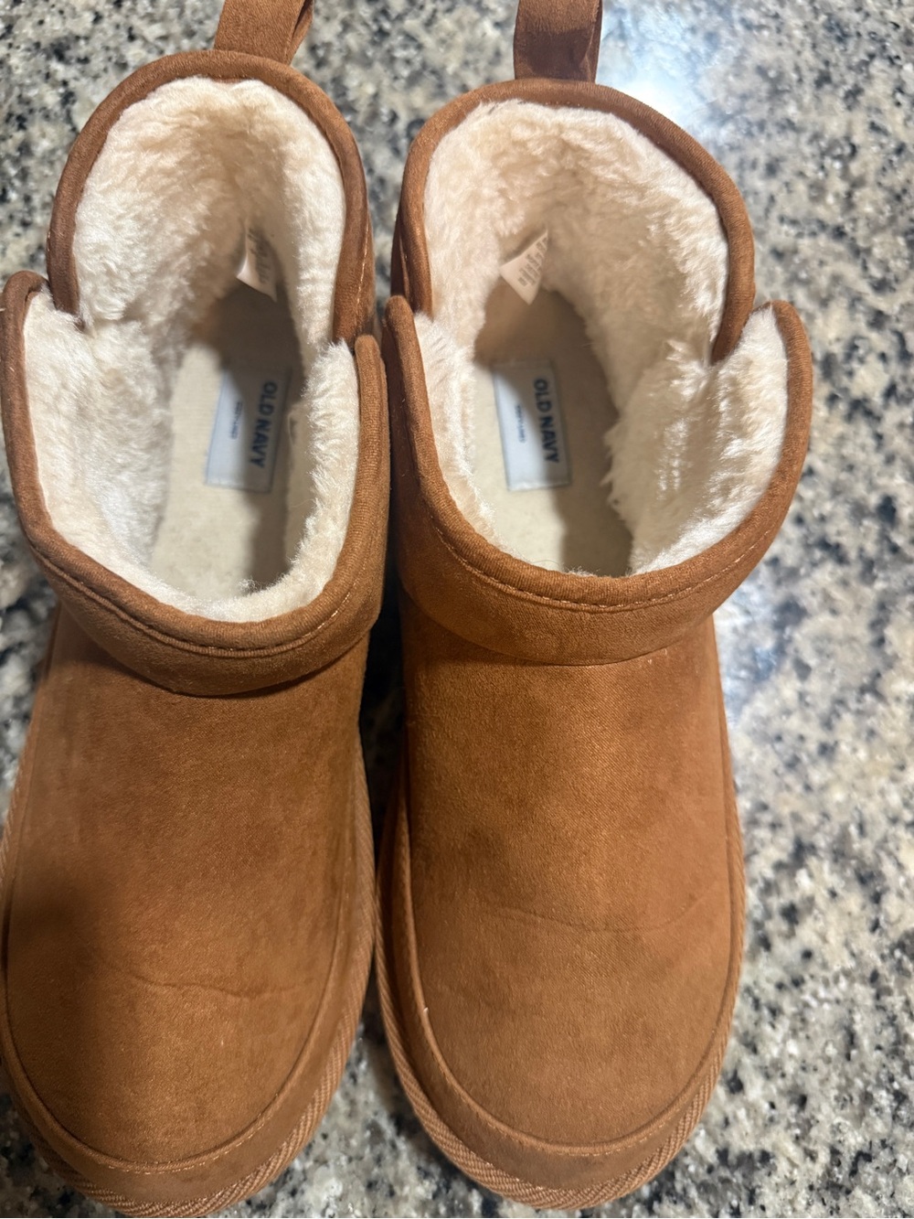 Old Navy Brown Faux-Suede Kids Slippers with Cream Plush Lining